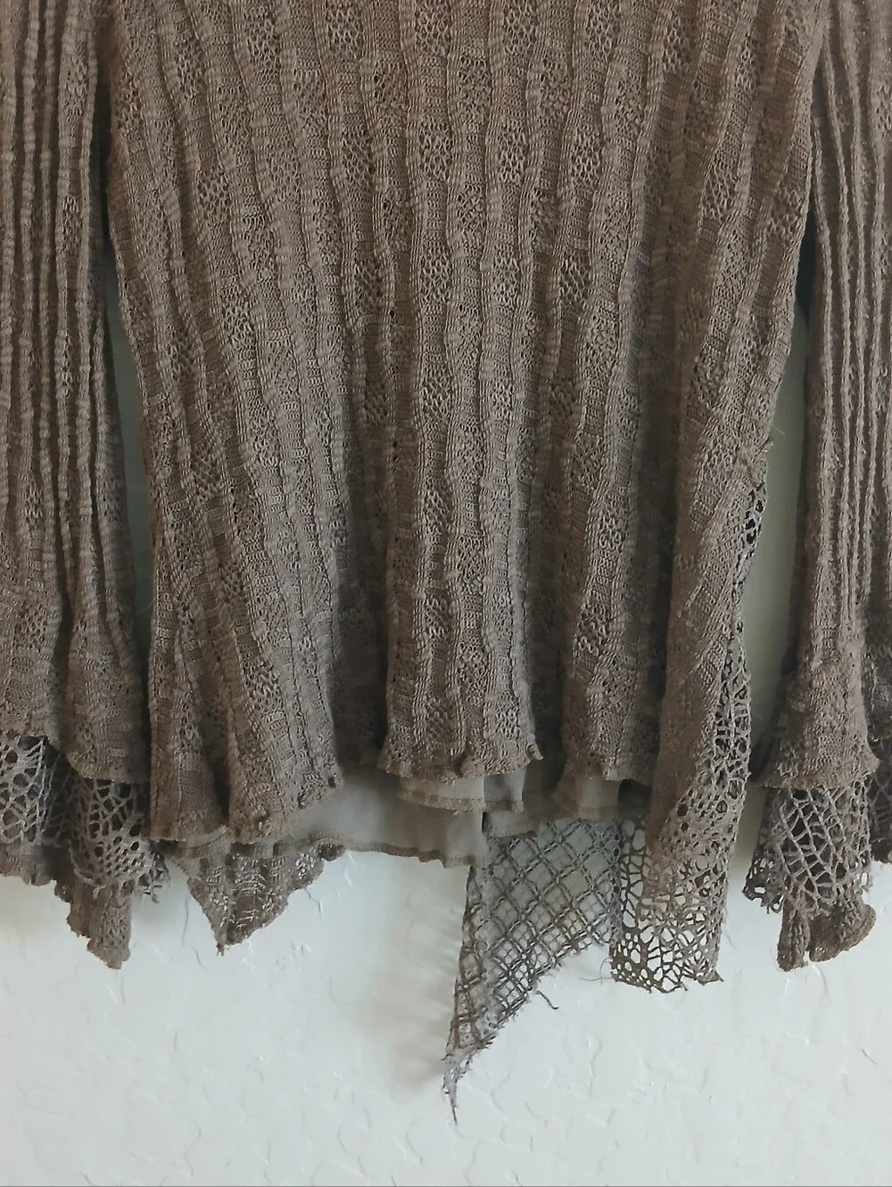 PRETTY ANGEL Mixed Media Goblincore Bell Sleeve Top Women's L Brown Crochet - Picture 7 of 8
